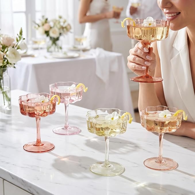 Summer Flower Scalloped Vintage Wavy Petals Wave Glass Coupes 7oz Colorful Martini, Champagne & Cocktails, 5 Set Colored Rippled Champagne Glasses, Elegant Bar Glassware, Aesthetic Coupe Glassware