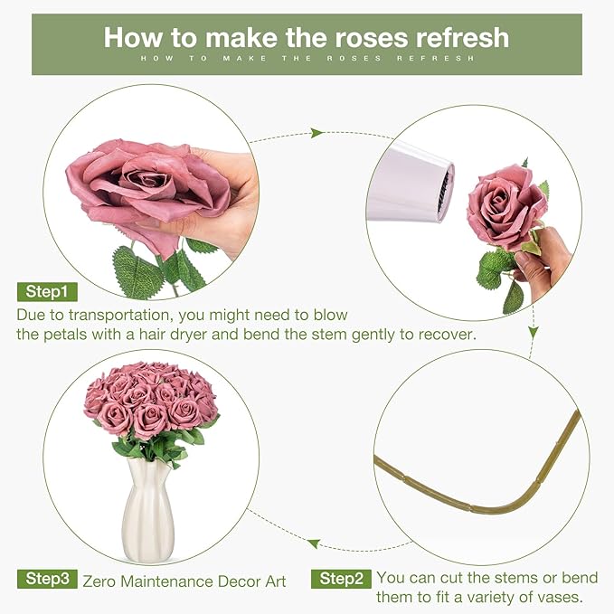 30 Pcs Rose Artificial Flowers in Bulk Real Touch Long Stem Silk Roses Bouquets Realistic Faux Flowers for Wedding Bridal Shower Home Decor Floral Arrangements Table Centerpiece(Dusty)