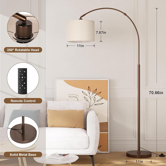 Ambimall Dimmable Arc Floor Lamp with Remote, Color Temperatures and Brightness Adjustable, Arched Floor Lamp with Rotating Head, Over Couch Arched Reading Light for Living Room (Deep Beige and Brown)