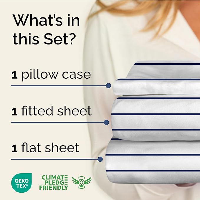 Striped Sheets - Navy Blue & White Striped Sheets - 1 Flat & 1 Fitted & 1 Pillowcase w/ Deep Pockets – Wrinkle & Fade Free - Soft Breathable & Cooling – Luxury Pinstripe Bedding - Twin XL Size Bed Set