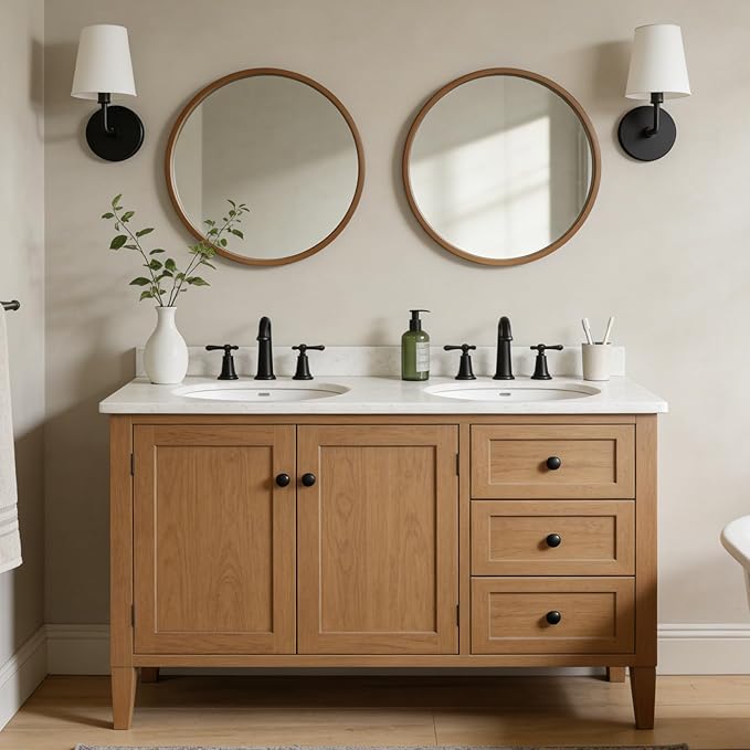 WallBeyond 24 Inch Natural Round Wood Mirror, Circle Wooden Frame Wall Mirror for Bathroom, Living Room, Bedroom, Entryway
