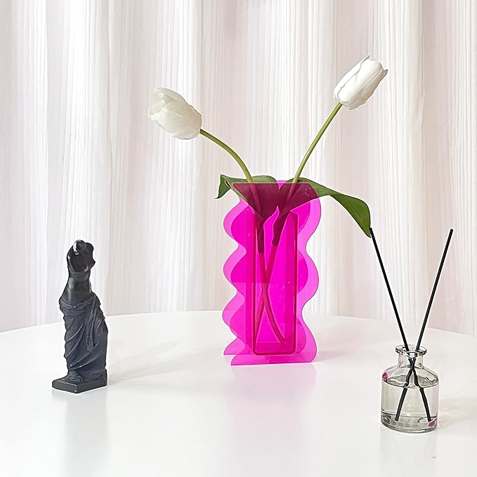 Hot Pink Acrylic Vase, 8-Inch Wave Shaped, Modern Centerpiece, Home Office Decor
