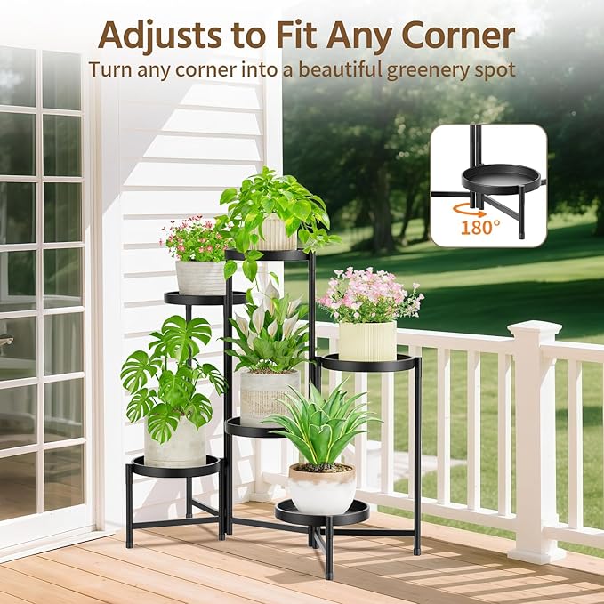 LASZOLA 6 Tier Large Plant Stand Indoor Tall with 10 Inch Metal Tray, Corner Folding Flower Display Rack, Modern Plant Holder Shelf for Outdoor Patio Porch Garden Office Living Room, Black