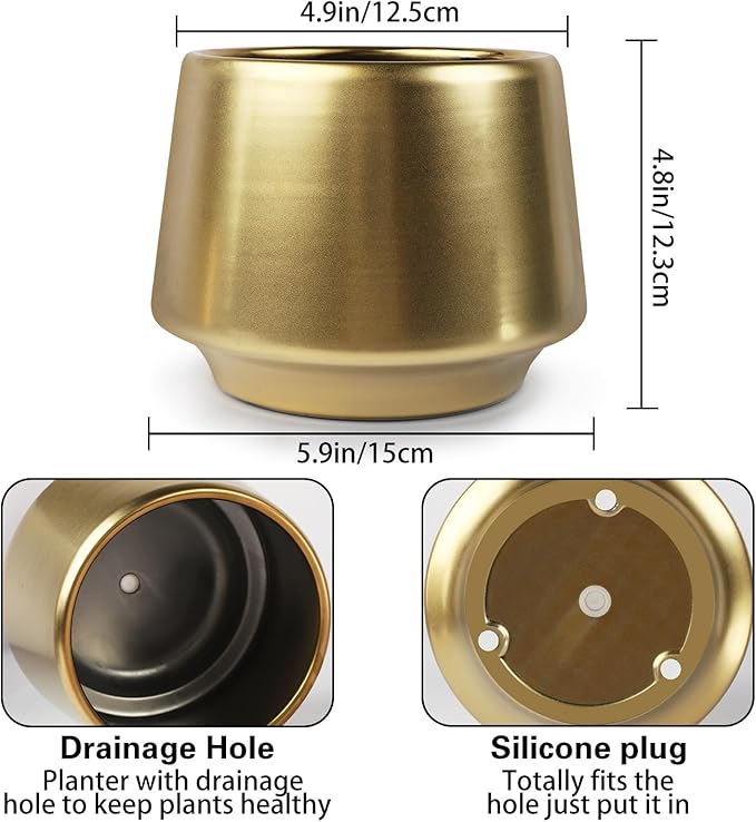 Gold Planter Flower Pots 6 inch Decorative Plant Pots for Indoor Gold Brass Succulent Plant Pots Containers (Dia 6 inch), Small 5.9‘’