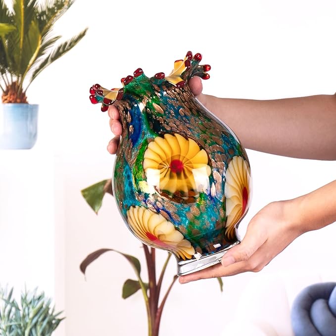 KAMMAK Colored Glass Vase, Beautiful Hand Blown Decorative Vase, Modern Art Vase for Flower Mantle Dining Table Centerpiece, Entryway Living Room Wedding Decoration, SKQ006