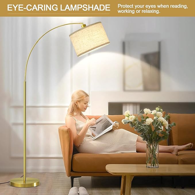 Luvkczc Arc Floor Lamp, 71" Tall Standing Lamp with On/Off Foot Switch, Gold Floor Lamp for Living Room with Adjustable Drum Lampshade, Over Couch Arched Reading Light for Reading, Bedroom, Office