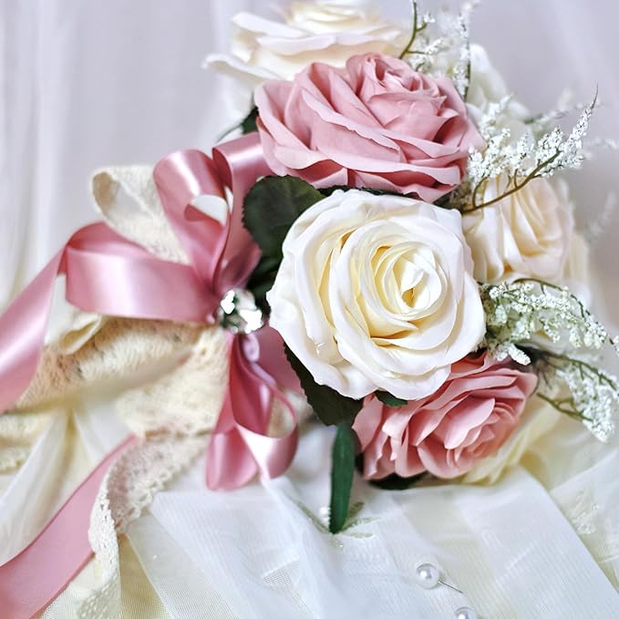 Dusty Pink Wedding Bouquets for Bride Bridesmaid,White Blush Pink Artificial Fake Silk Roses Flowers Bridal Bouquet for Wedding French Vintage Boho Rustic Church Decoration Toss Bouquet (8.6in(M))