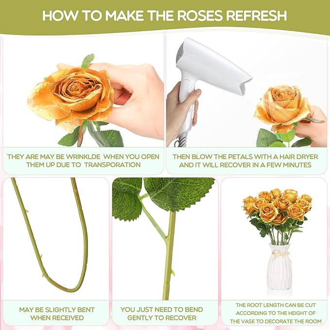 Jexine 50 Pcs Artificial Rose Flower Bulk Realistic Silk Fake Roses with Long Stem Plastic Artificial Flower Bouquet Real Looking for Home Wedding Centerpieces Party Decoration(Gold)