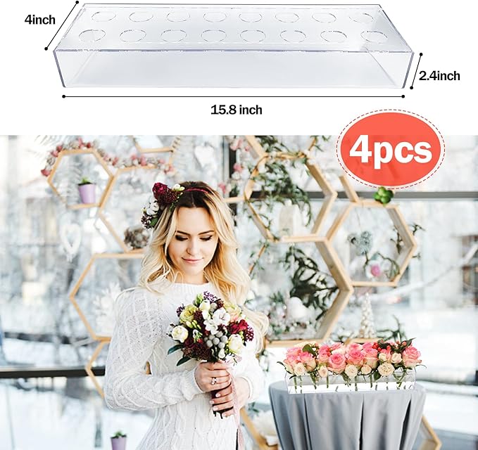 4 Pack Clear Acrylic Flower Vase Centerpiece for Dining Table,63.2 Inch Rectangular Floral Low Vases with 64 Holes for Dining Table Modern Flower Arrangement for Home Decor or Weddings