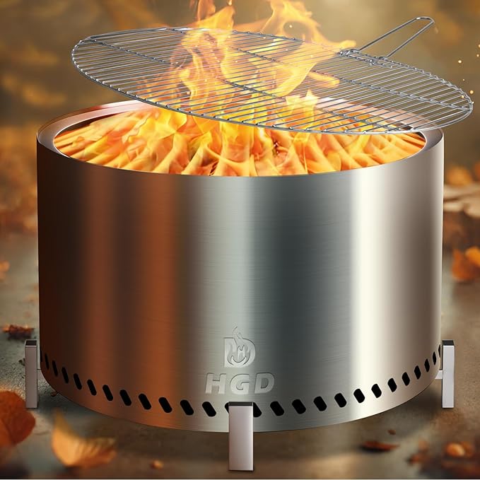 HGD 28 Inch Smokeless Firepit, Stainless Steel Fire Pit, Wood Burning Firepit for Patio Garden Picnic