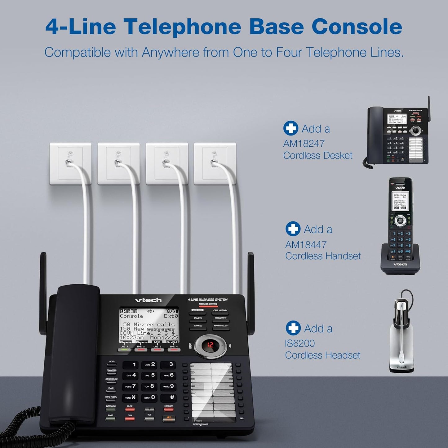 VTech AM18447 4-Line Small Business Phone System - Expandable to 10 Stations, Digital Answering Machine & Intercom, Black