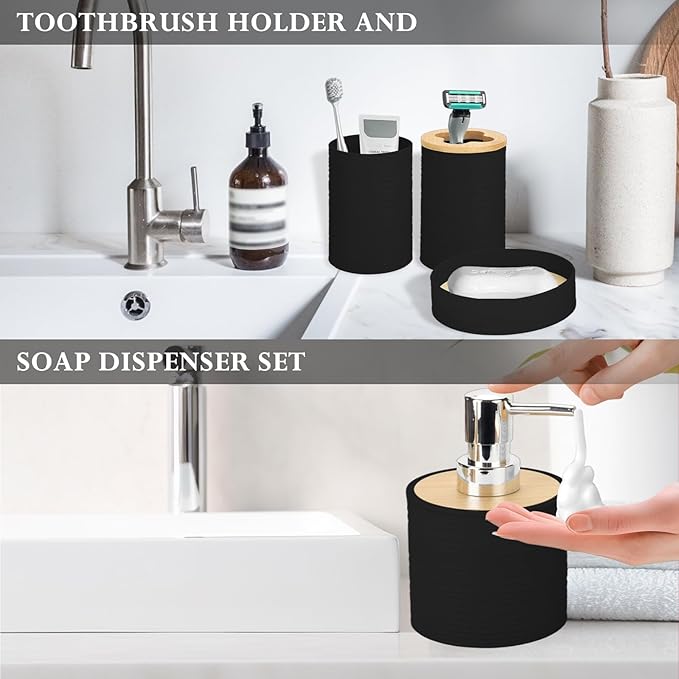 Bamboo Bathroom Accessories Set 4 Pcs, Black Bathroom Accessory Set with Soap Dispenser and Toothbrush Holder, Soap Dish and Mouthwash Cup, Boho Bathroom Decor