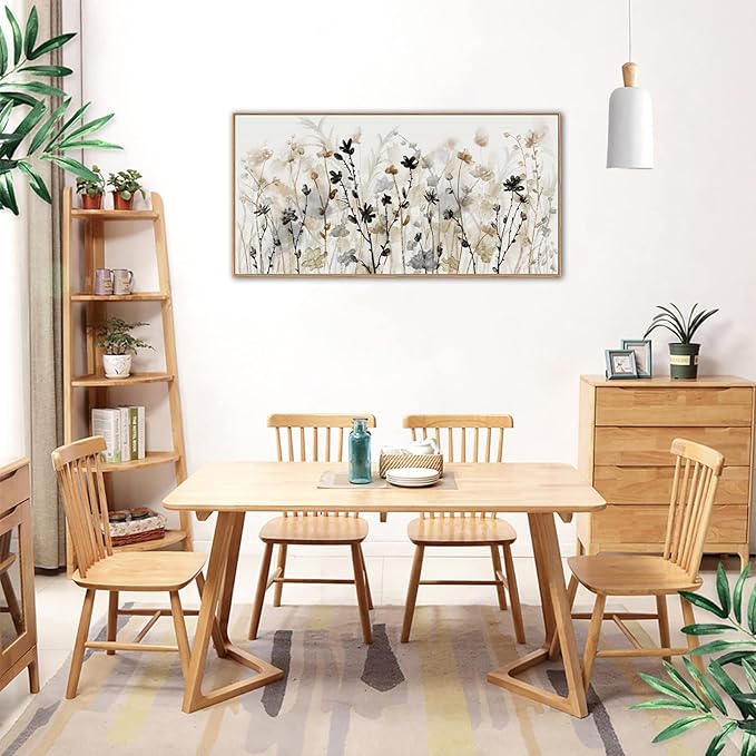 Framed Floral Wall Art Abstract Grey Cream White Grass Flowers Canvas Pictures Modern Landscape Painting Botanical Artwork for Living Room Bedroom Kitchen Office Wall Decor Ready to Hang 20" x 40"