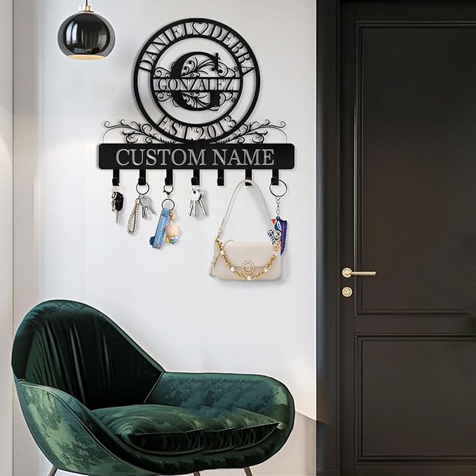 Kotagi Personalized Metal Key Holder for Wall, Custom Family Name Key Rack Holder Wall Mount, Metal Key Hooks with Monogram Design, Key Hanger for Hallway Bedroom, Anniversary Couple Gift