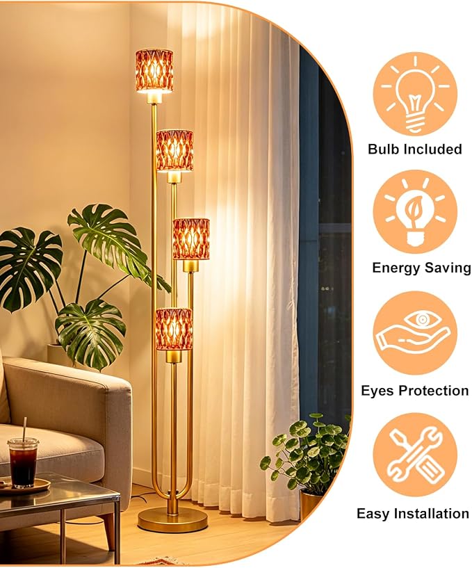 Vintage 4-Head Glass Floor Lamp, Gold Tiered Standing Lamp with Deep Red Textured Glass Shade, Dimmable LED Floor Lamp with 5Lbs Heavy Base for Living Room Bedroom Home Decor, Bulb Included