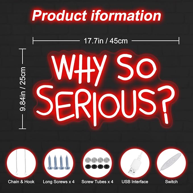 Vibrant "Why So Serious?" Joker Neon Sign - USB Powered, Wall-Mounted, Energy-Efficient LED Light for Bedroom, Living Room, Man Cave, Bar, Game Room, and Club Decor, Living Room Birthday Party