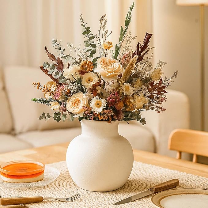Ceramic Rustic Farmhouse Vase | 6 Inch Pottery Decorative Flower for Home Decor | Boho Vase | Terracotta for Table, Living Room, Bathroom Decoration, Shelf Decor, Mantel, White