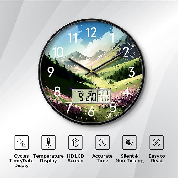 Mountain Wildflowers Wall Clock, 14 Inch Silent Non-Ticking Battery Operated Analog Clock with LCD Date Day Temp Display, Decorative for Living Room, Bedroom, Kitchen, Farmhouse, Cabin