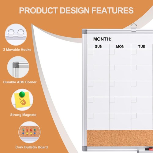 Comix Dry Erase Calendar | 24x18 Inch Whiteboard & Corkboard Combo with Aluminum Frame & Markers