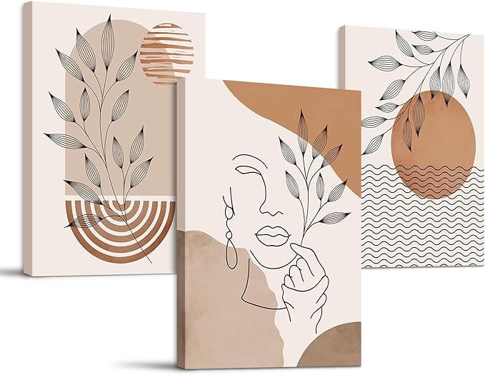 SERIMINO Boho Framed Wall Art Set of 3, Minimalist Wall Decor Living Room, Geometric Line Leaf Sun Moon Canvas Artwork Paintings for Bathroom, Home Decor Print, 12"x16"