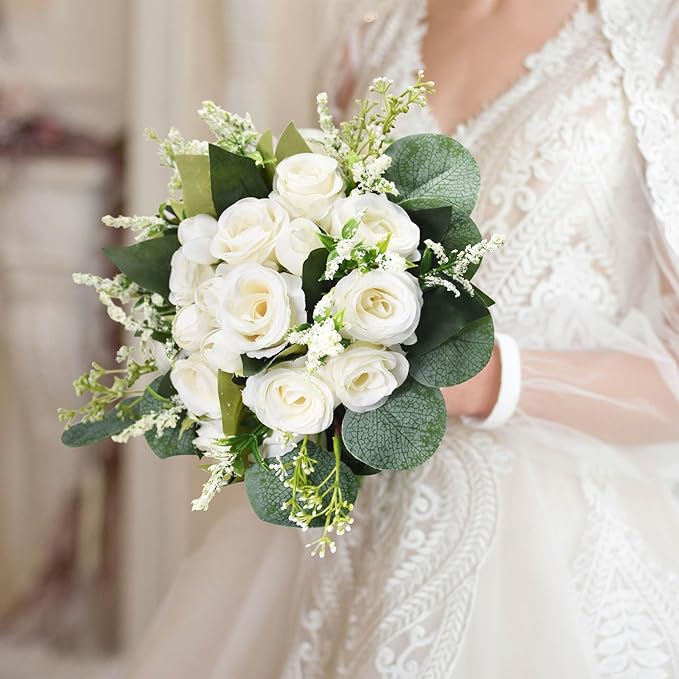 Wedding Bouquets for Bride Bridesmaid, 7.8" White Ivory Bouquet Artificial Silk Roses Flowers with Eucalyptus for Wedding Church Decoration