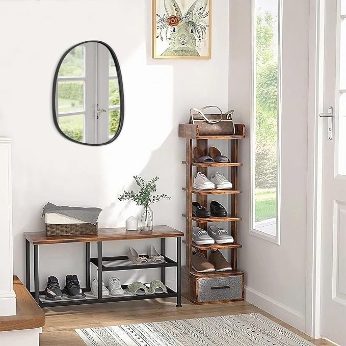 Asymmetrical Wood Wall Mirror - Irregular Oval Hanging Frame for Wall, Vanity, Bathroom, Living Room, Bedroom, Entryway, Hallway - Modern, Unique, Decorative, Artistic - Black