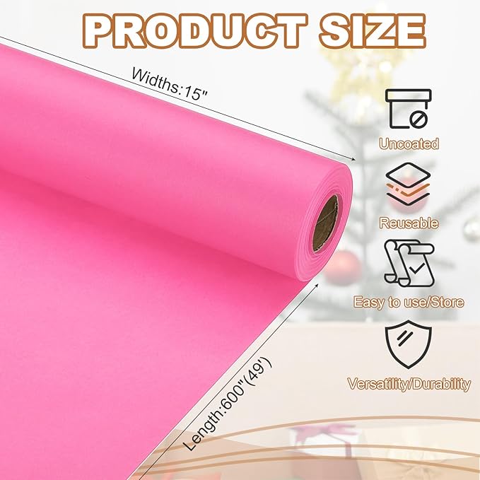 PATIKIL Wrapping Paper, 15" x 600"(49') 70 GSM Craft Paper Roll Kraft Packing Paper for Poster Bulletin Board, Gift Wrapping, Pink