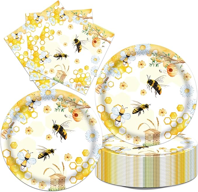Bee Party Decorations 40Pcs Bees Birthday Paper Plates and Napkins Set Supplies Bee Party Decorations for Bbay Shower Serve 20 Gender Reveal Supplies Serve 20