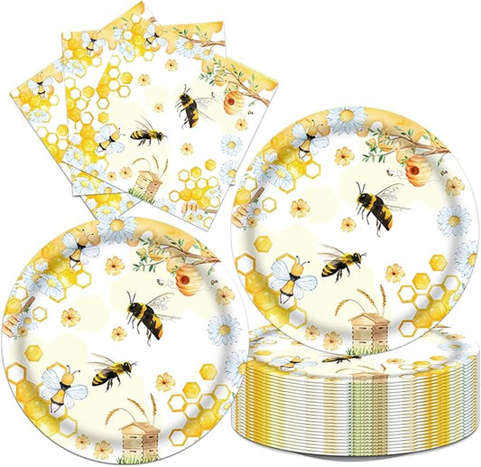 Bee Party Decorations 40Pcs Bees Birthday Paper Plates and Napkins Set Supplies Bee Party Decorations for Bbay Shower Serve 20 Gender Reveal Supplies Serve 20