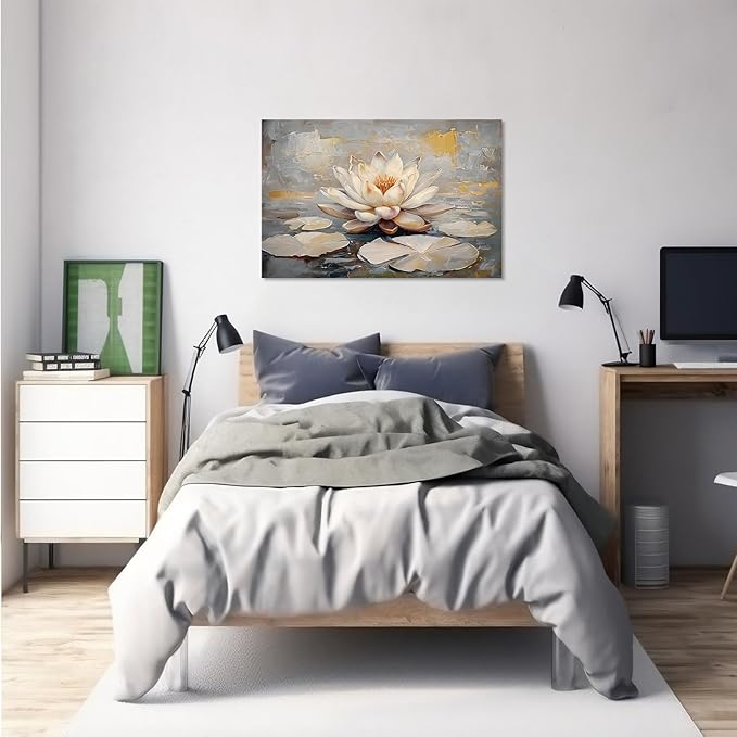Ethereal white lotus floating on Crystal Waters poster vintage oil painting printwall art soft blush and gold accents serene home and office decor dreamy 16x24in Wood Framed