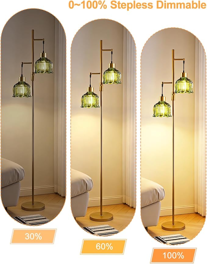 Lightdot 2- Light Gold Flower Floor Lamp, 65IN Green Glass Floor Lamps with 3000K Warm White Bulbs, Modern Standing Tall Lamp with 5Lbs Heavy Base for Living Room Bedroom Home Office Sofa Beside