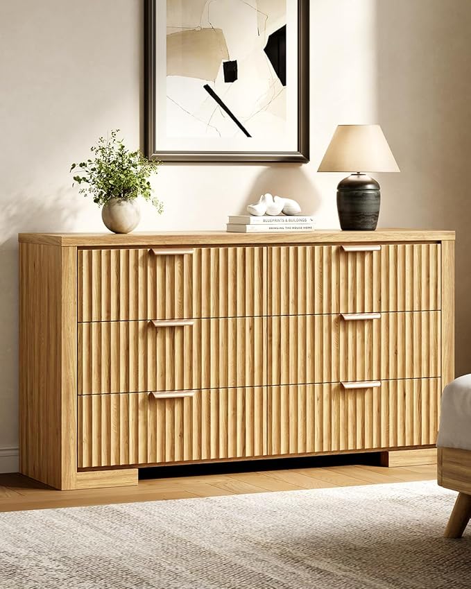 Fluted 6 Drawer Dresser for Bedroom, 54" Wide Chest of Drawers with Metal Handle, Modern Storage Dressers Organizer for Living Room, Hallway, Natural