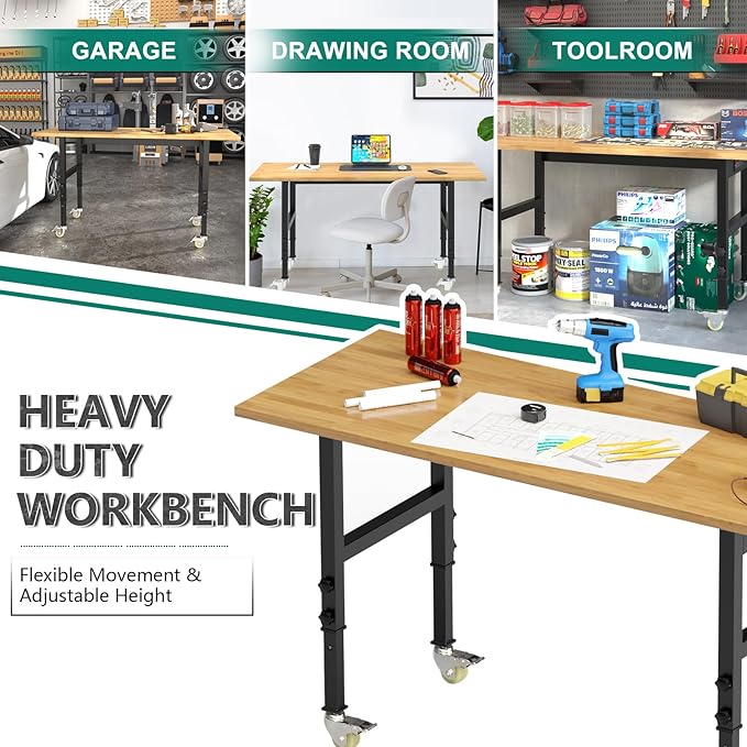 Adjustable Heavy Duty Workbench with Metal Wheels,Rubber Wood Top Working Table, 2500 LBS Load Capacity with for Workshop and Office,etc.