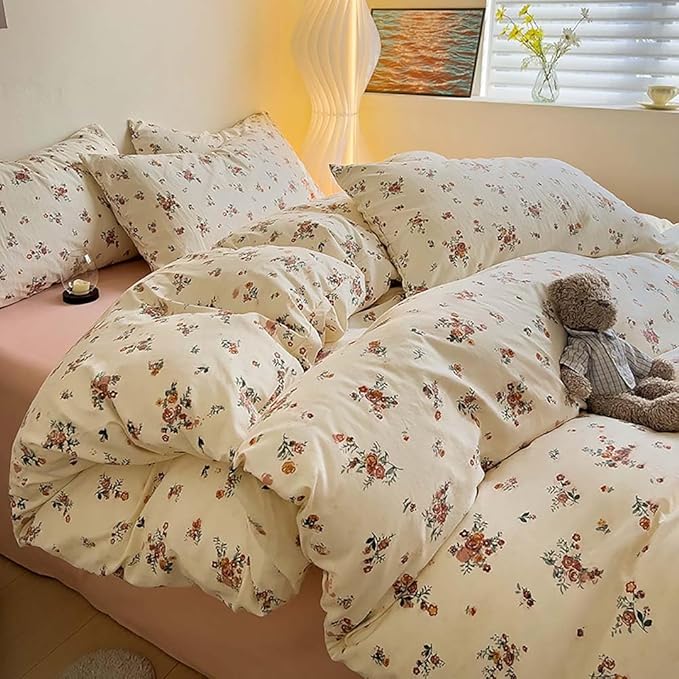 Nayoroom Vintage Floral Duvet Cover Full Size Red Rose Flower Green Botanical Cottagecore Bedding Set 3 Pieces Soft Lightweight Washed Microfiber Spring Duvet Cover Gifts for Women Girls