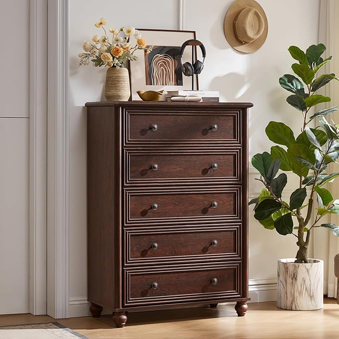 Farmhouse 5 Drawers Dresser Set of 2 for Bedroom, Wood 45" Tall Chest of Drawers, Dresser Rustic Storage Dressers Organizer with Metal Handle Closet for Living Room, Hallway Entryway(Walnut)