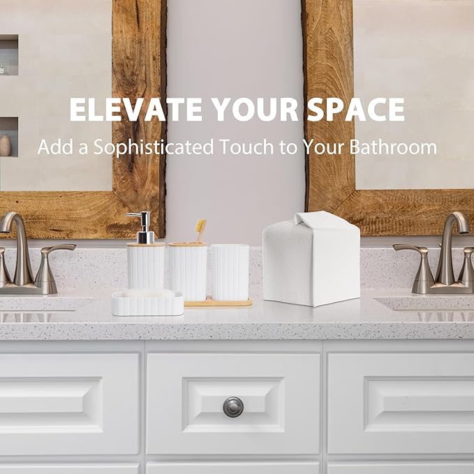 Bathroom Accessory Set - 10 Piece White Bathroom Sets Complete with Trash Can, Toothbrush Holder & Cup, Soap Dispenser, Soap Dish, Toilet Brush & Holder, Vanity Tray, Qtip Holder, Tissue Box Cover