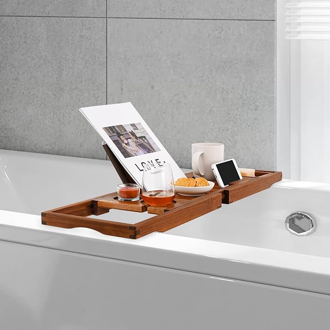 Utoplike Teak Bathtub Caddy Tray Bath Tray for Tub, Bamboo Shower Bench with Storage