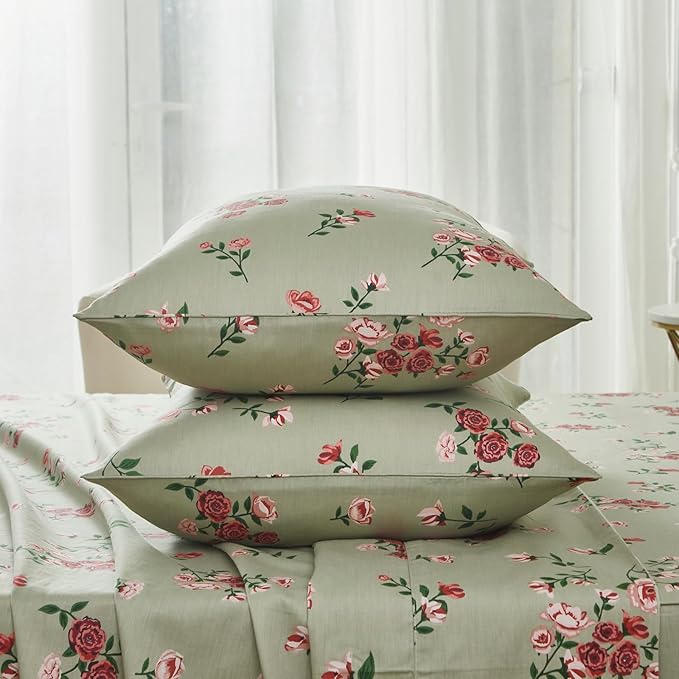 FADFAY Full Size Sheet Set 100% Cotton Sage Green Bed Sheets, French Country Red Rose Floral Pattern, Soft Cool Luxury Bedding, Shabby Vintage Style, 4 Pieces Deep Pocket Fitted Sheet