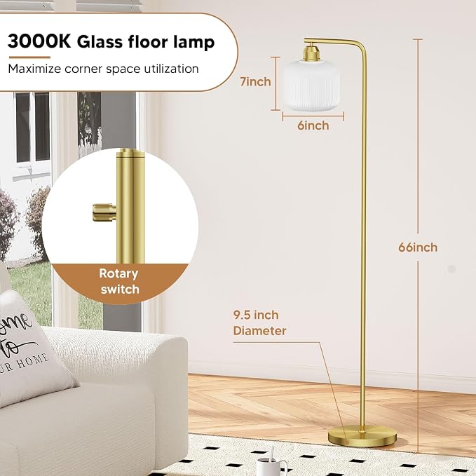 Glass Floor Lamp for Living Room, Modern Standing Lamp with White Glass Lampshade & Brushed Gold, Stepless Dimmable and Rotary Switch, 66” Tall Lamp & White Floor Lamp for Bedroom Study Room
