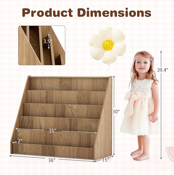 KOTEK 5-Tier Kids Bookshelf, Wooden Floor Display Shelf for Books and Magazines, Toddler Bookcase, Montessori Book Shelf for Kids Room, Daycare, Preschool, Classroom (Natural)