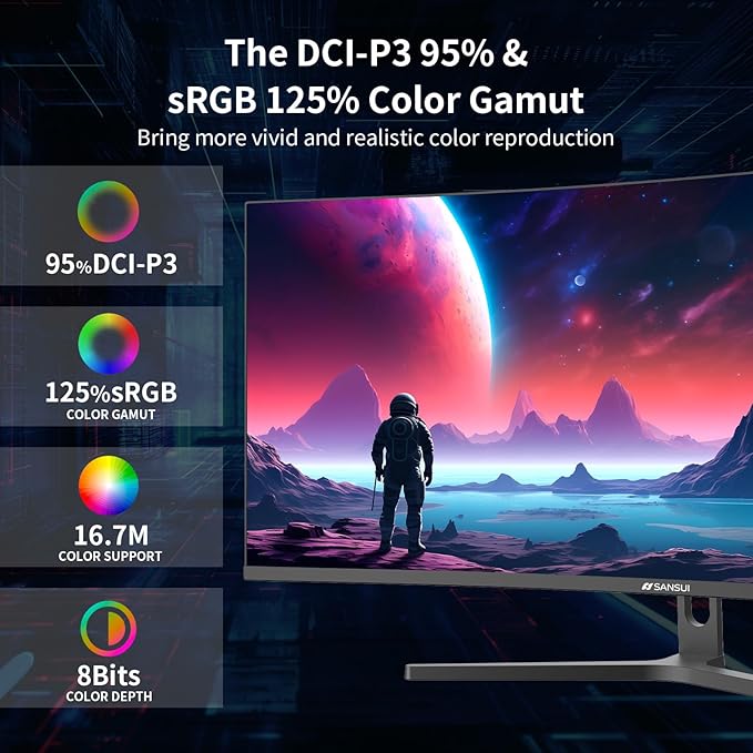 SANSUI 34-Inch Curved Gaming Monitor UWQHD 3440 x 1440 Up to 165Hz Curved 1500R - PIP/PBP, 1ms(MPRT), HDR, 300nits, sRGB 125%, DCI-P3 95%,FreeSync,HDMIx2,DP1.4 x2 (Cable Included)