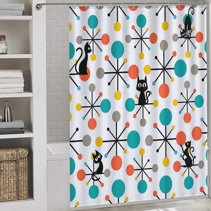 Mid Century Modern Cat Shower Curtain,Atomic Starburst Geometric Diamond Pattern Shower Curtains Set for Bathroom Fabric Decorative Bath Curtain Washable Curtain Hooks, 72x72”