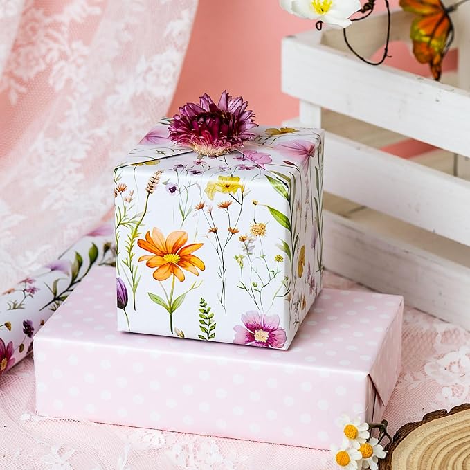 Burymento Flowers Wrapping Paper, Reversible Wave Point Gift Wrap for Birthday, Valentines, Mothers day, Graduation, Wedding, Fathers day, Baby Shower, Christmas (17in x 16.4ft)