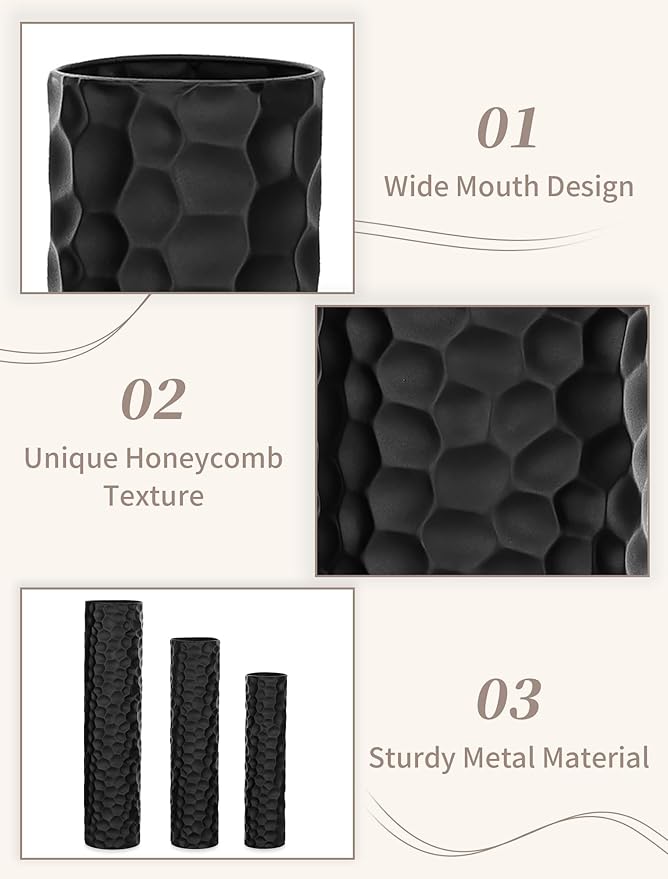 Sziqiqi Black Tall Floor Vase: 27/23/20in Large Floor Vases Standing for Living Room - Hammered Metal Floor Vases Set of 3 - Cylinder Flower Vase for Dining Bedroom Home Corner Indoor Office
