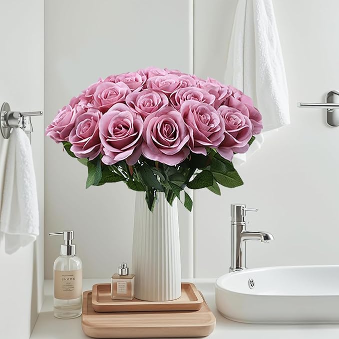 Artificial Rose Flower Artificial Flowers Flower with Long Stem Silk Roses Bouquet for Wedding Bridal Shower Party Home Decoration (Mauve, 12 Pcs)