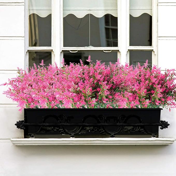 8 Bundles Artificial Lavender Plants Outdoor UV Resistant Fake Flowers Faux Plants Garden Porch Window Box Decorating (Pink)