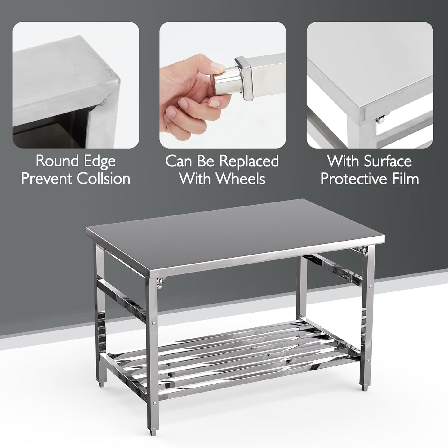 Stainless Steel Commercial Work Table - Heavy Duty 48" x 24" Folding Prep Table with Adjustable Undershelf