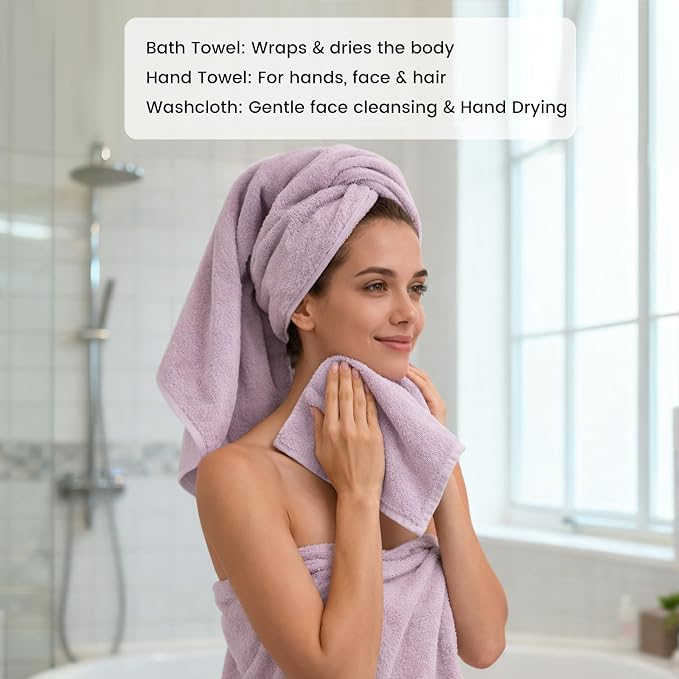 SEMAXE Bath Towel Set, 8 Piece Towel Set for Bathroom, Quick Dry Cotton Towels with Hanging Loops, Easy Care, Purple