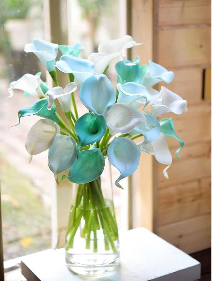 FiveSeasonStuff Real Touch Calla Lily Artificial Flowers Wedding Bridal Bouquet | Floral Arrangements | 15 Calla Lilies (Marine Blue)