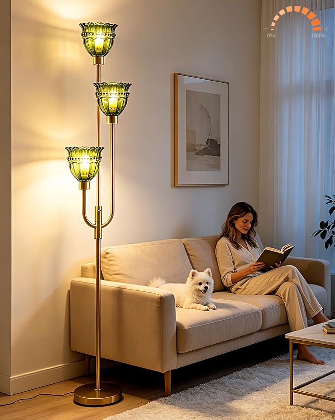 Lightdot 66IN 3-Lights Modern Glass Floor Lamp Gold Dimmable Floor Lamps with 3000K Warm White Bulbs for Wedding Party Tall Standing Lamp with Green Glass Shade for Living Room/Bedroom/Home Decor